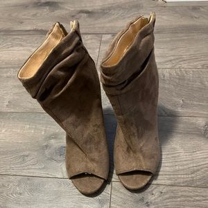 tan suede bootie with open toe size seven